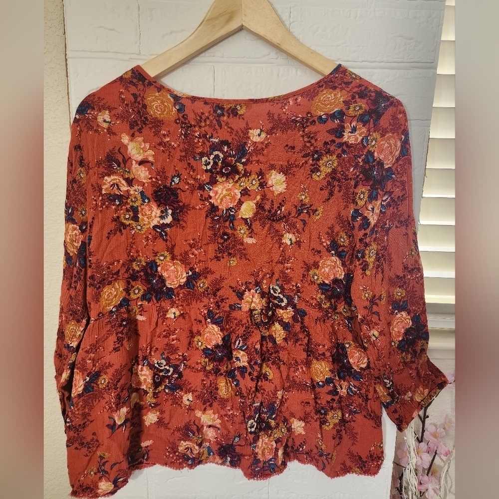 AE Floral 3/4 Sleeve Boho Blouse - Rust & Multicolor - Large - Picture 11 of 13